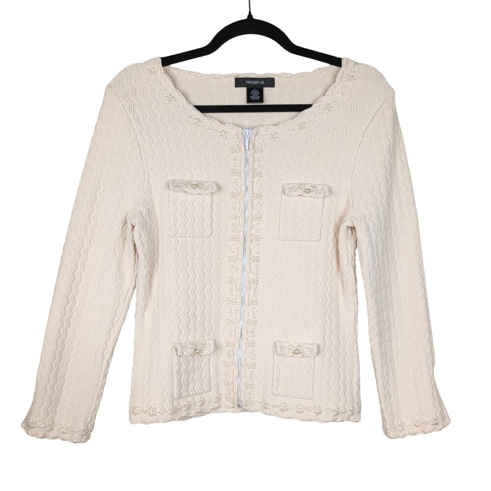 Vintage Y2K Arden B Silk Blend Beaded Floral Zip Cardigan Jacket Size L Ivory